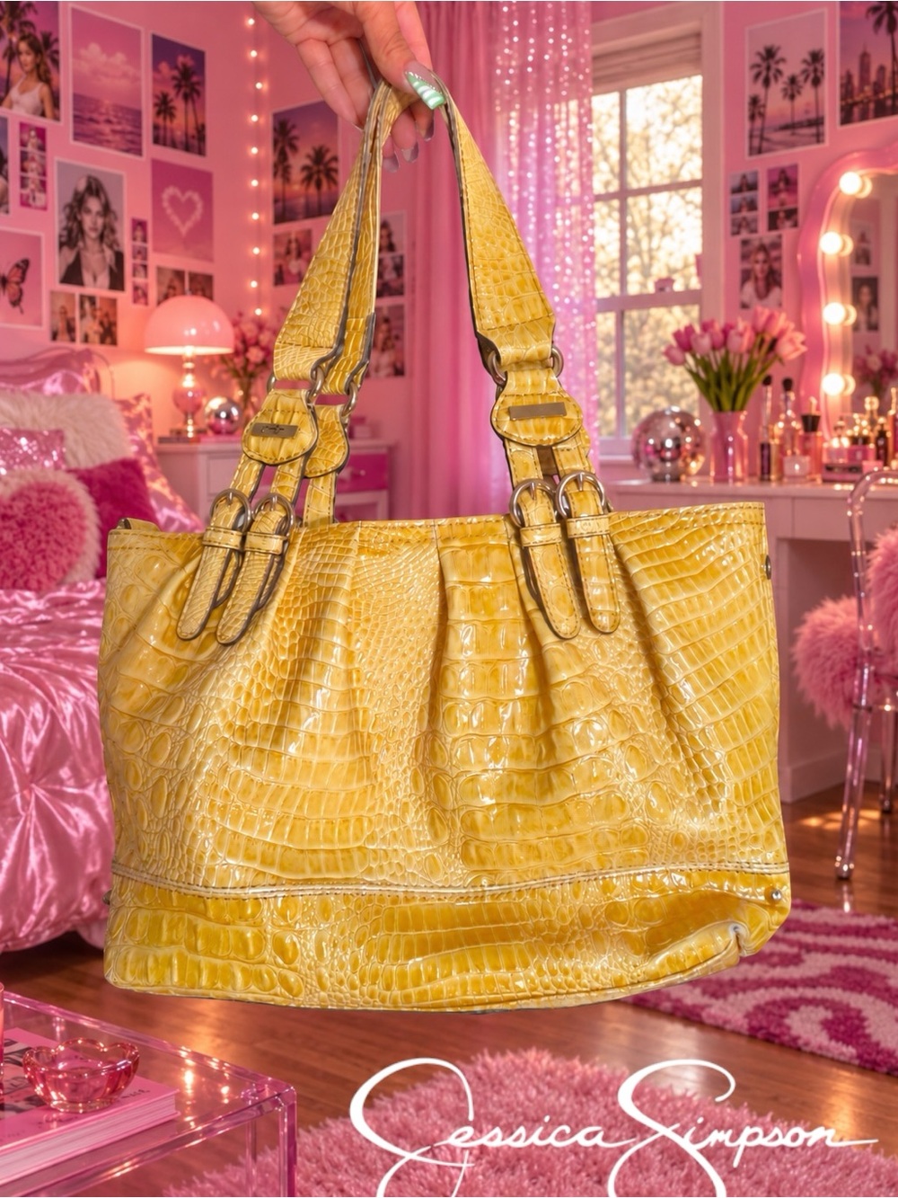 Y2K Jessica Simpson Yellow Crocodile Shoulder Bag | 2000s Large Purse